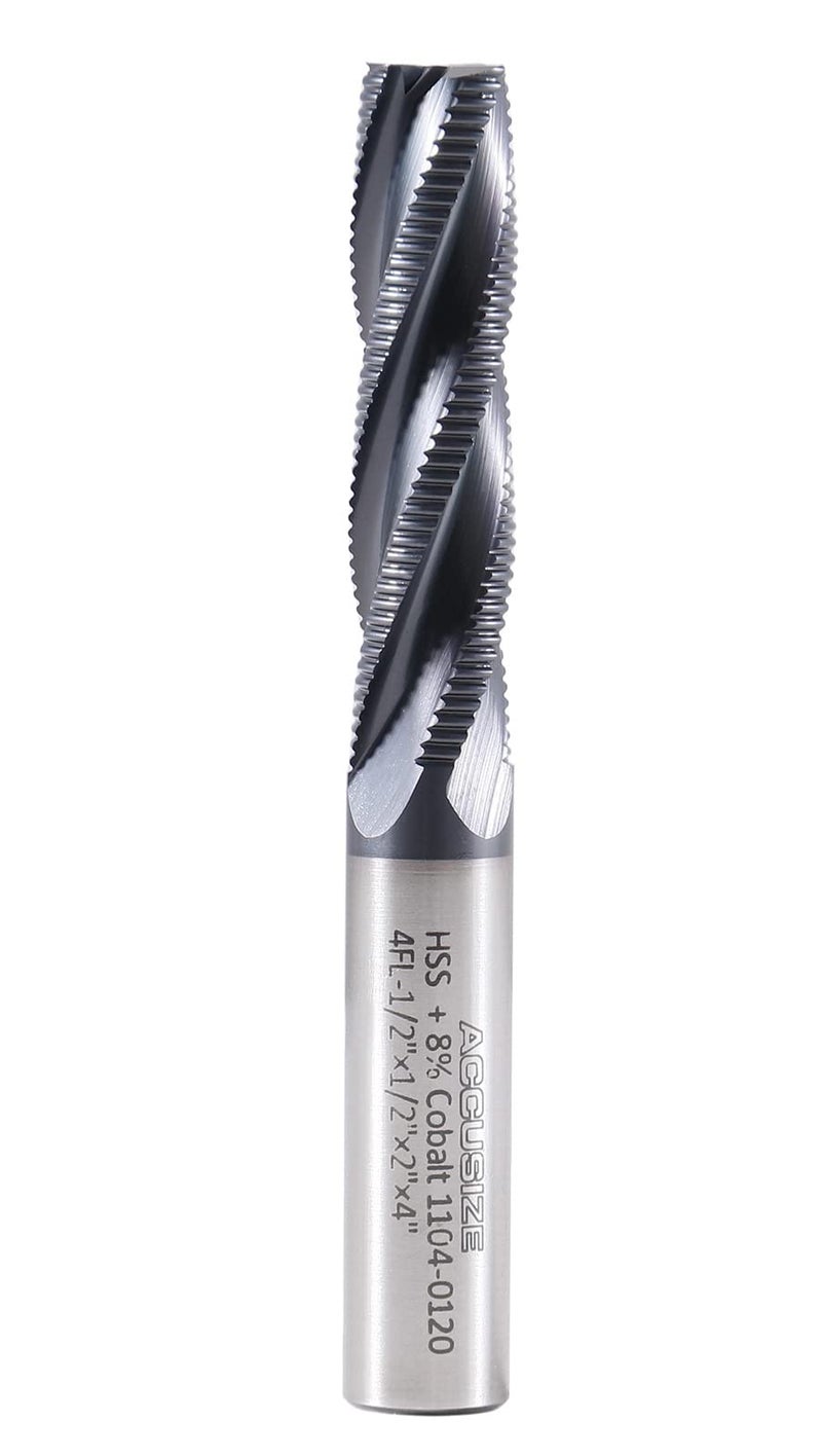 Accusize Industrial Tools 1/2'' Fine Tooth M42 8% Cobalt Tialn Roughing End Mill, 1/2'' Shk Dia, 2'' Flute Length, 4'' Oal, 4 Flute, 1104-0120 - Image 1